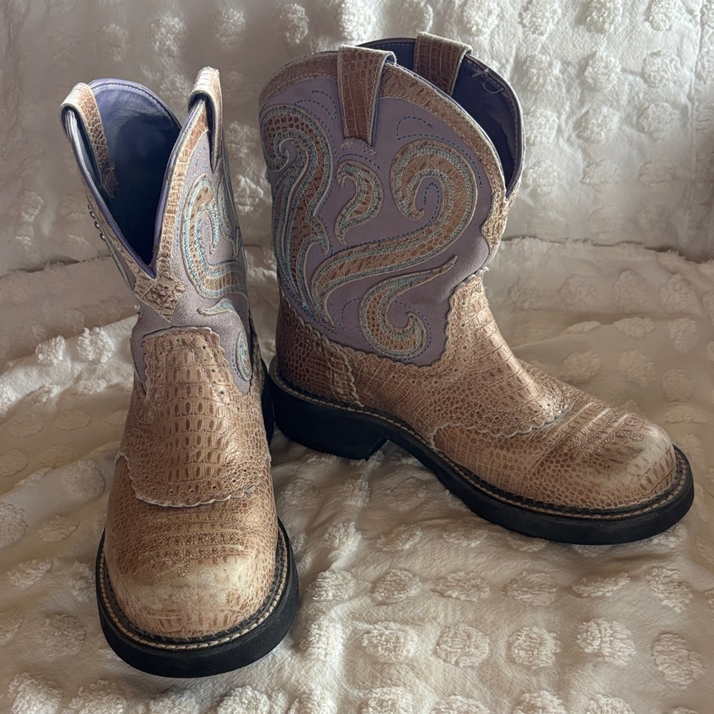 Ariat Tan and Purple Heeled Boots
